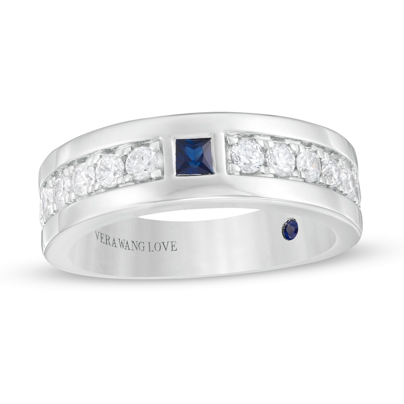 Main Image 1 of Vera Wang Love Collection Men's Square-Cut Blue Sapphire and 3/4 CT. T.W. Diamond Wedding Band in 14K White Gold