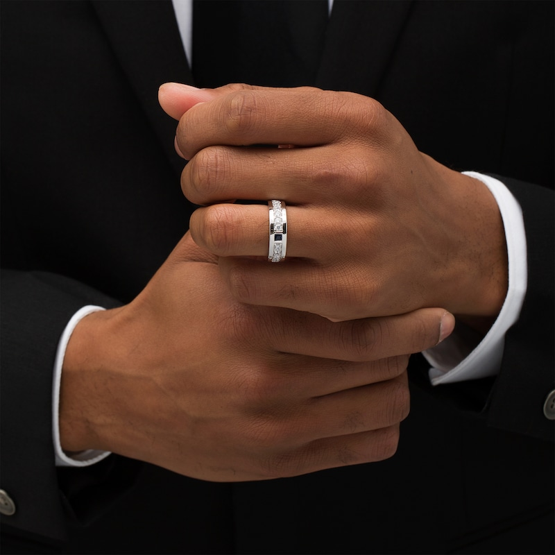 Main Image 2 of Vera Wang Love Collection Men's Square-Cut Blue Sapphire and 3/4 CT. T.W. Diamond Wedding Band in 14K White Gold