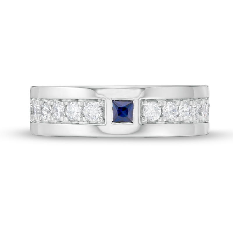 Main Image 4 of Vera Wang Love Collection Men's Square-Cut Blue Sapphire and 3/4 CT. T.W. Diamond Wedding Band in 14K White Gold