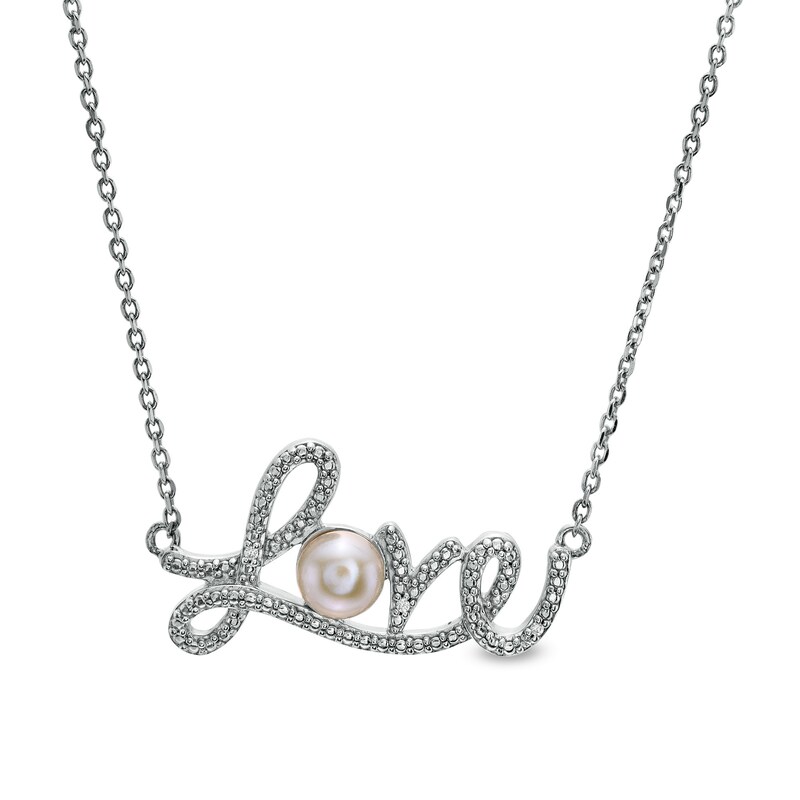 Main Image 1 of 5.0mm Freshwater Cultured Pearl and Diamond Accent Beaded Cursive "Love" Necklace in Sterling Silver