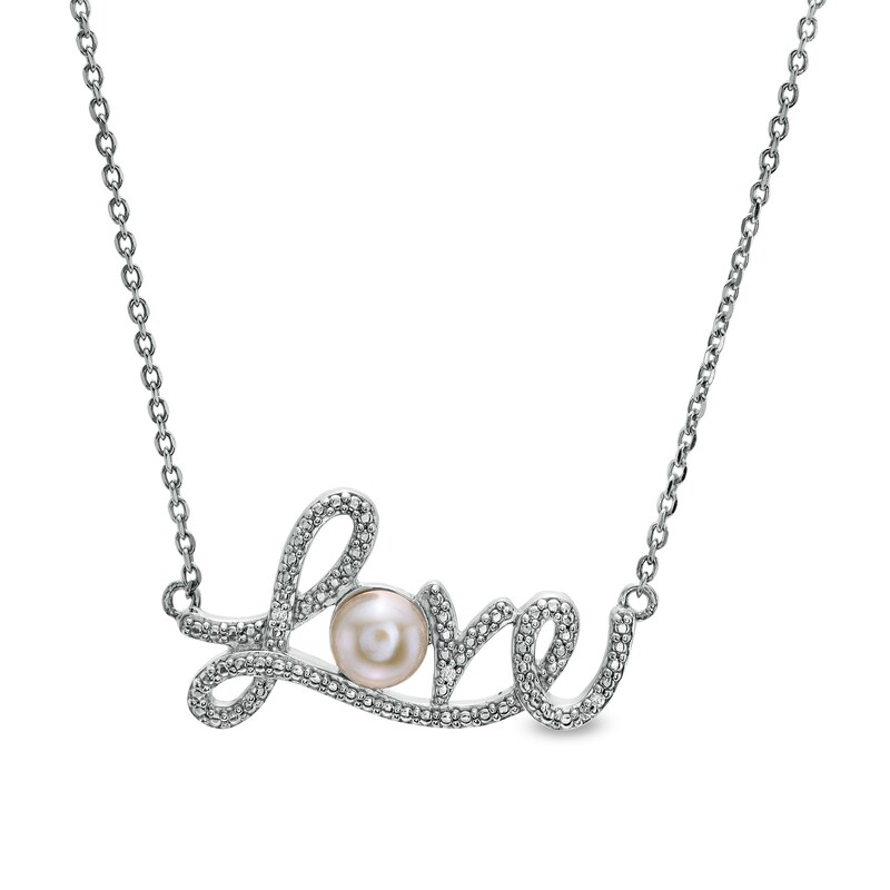 5.0mm Cultured Freshwater Pearl and Diamond Accent Beaded Cursive "Love" Necklace in Sterling Silver