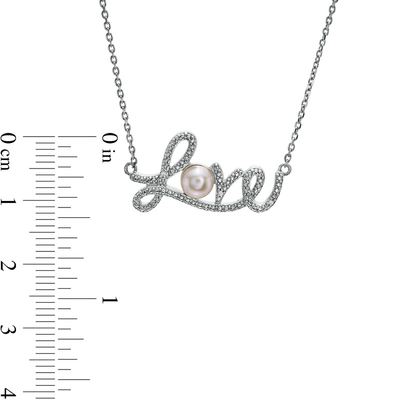 Main Image 2 of 5.0mm Freshwater Cultured Pearl and Diamond Accent Beaded Cursive "Love" Necklace in Sterling Silver