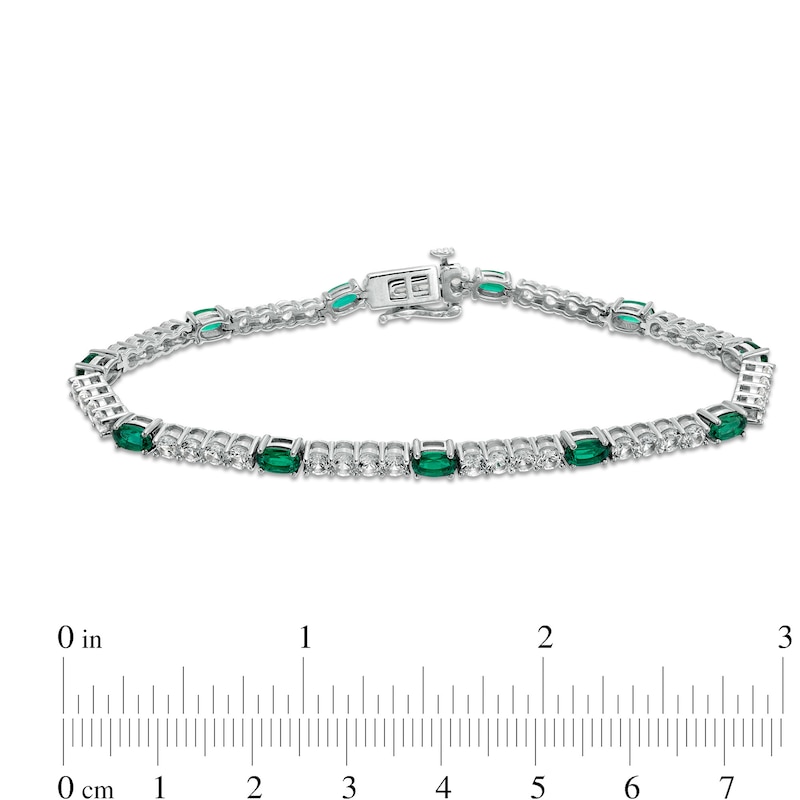 Oval Lab-Created Emerald and White Lab-Created Sapphire Quartet Line Bracelet in Sterling Silver - 7.25"
