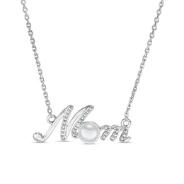 5.0mm Cultured Freshwater Pearl and Diamond Accent Beaded Cursive &quot;MOM&quot; Necklace in Sterling Silver