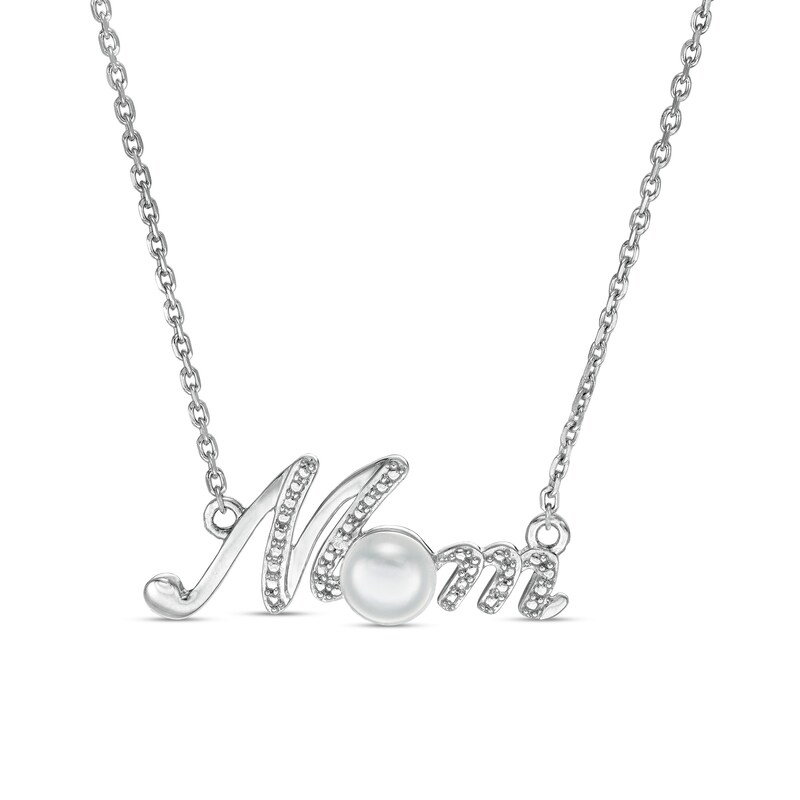 Main Image 1 of 5.0mm Freshwater Cultured Pearl and Diamond Accent Beaded Cursive "MOM" Necklace in Sterling Silver