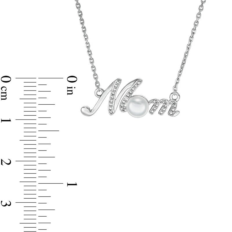 Main Image 2 of 5.0mm Freshwater Cultured Pearl and Diamond Accent Beaded Cursive "MOM" Necklace in Sterling Silver