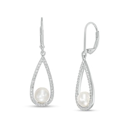 5.5-6.0mm Cultured Freshwater Pearl and White Lab-Created Sapphire Frame Open Teardrop Earrings in Sterling Silver