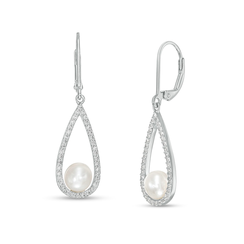 Main Image 1 of 5.5-6.0mm Freshwater Cultured Pearl and White Lab-Created Sapphire Frame Open Teardrop Earrings in Sterling Silver