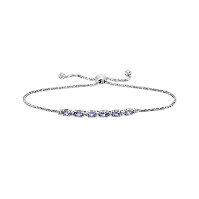 Sideways Oval Tanzanite and White Lab-Created Sapphire Six Stone Alternating Bolo Bracelet in Sterling Silver - 9"