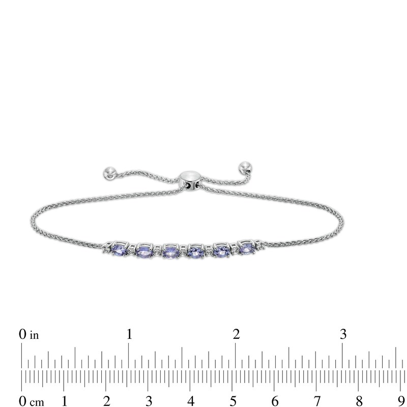 Main Image 2 of Sideways Oval Tanzanite and White Lab-Created Sapphire Six Stone Alternating Bolo Bracelet in Sterling Silver - 9"