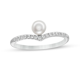 5.0mm Button Cultured Freshwater Pearl and White Lab-Created Sapphire Chevron Ring in Sterling Silver