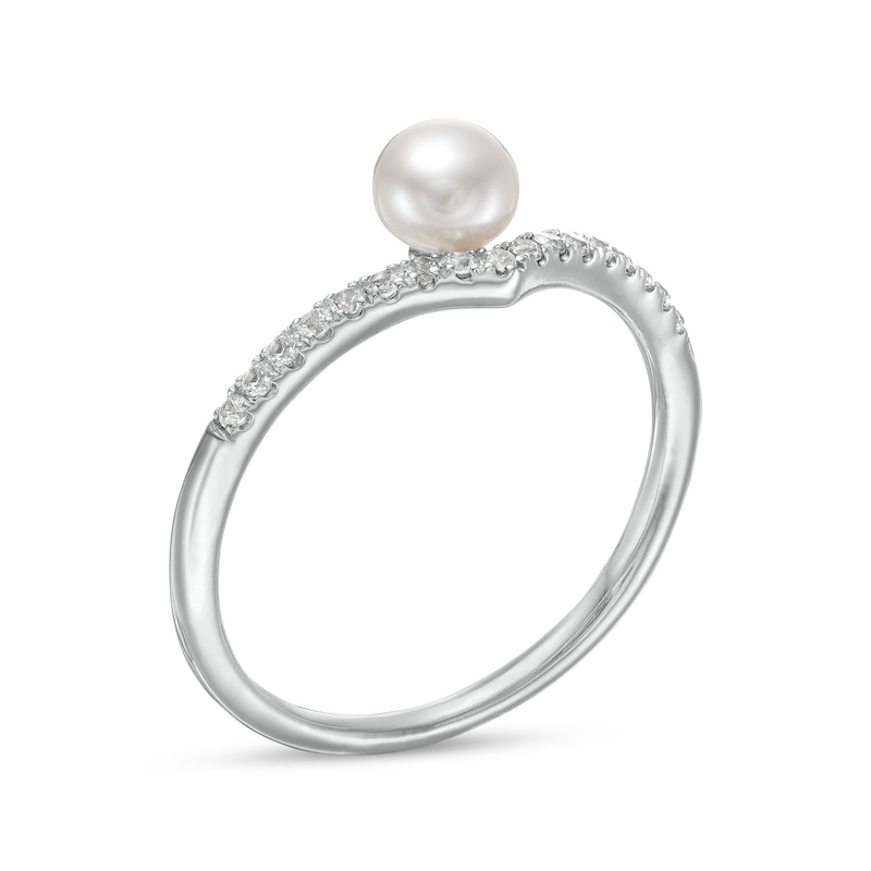 Main Image 2 of 5.0mm Button Freshwater Cultured Pearl and White Lab-Created Sapphire Chevron Ring in Sterling Silver