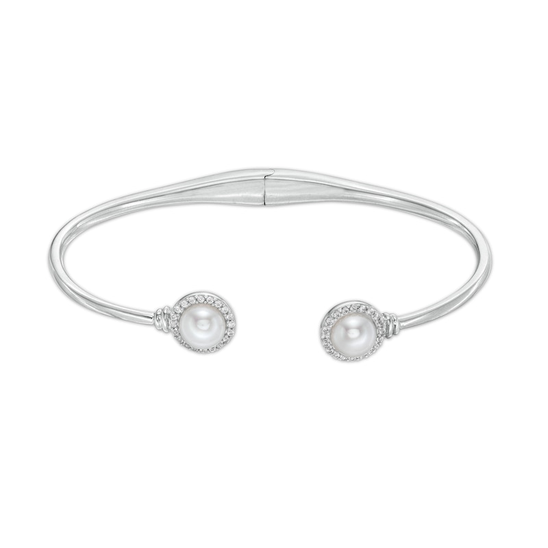 6.0mm Button Cultured Freshwater Pearl and White Lab-Created Sapphire Frame Cuff in Sterling Silver