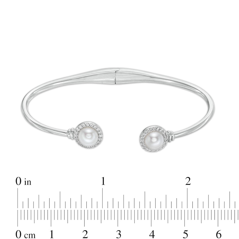 6.0mm Button Cultured Freshwater Pearl and White Lab-Created Sapphire Frame Cuff in Sterling Silver