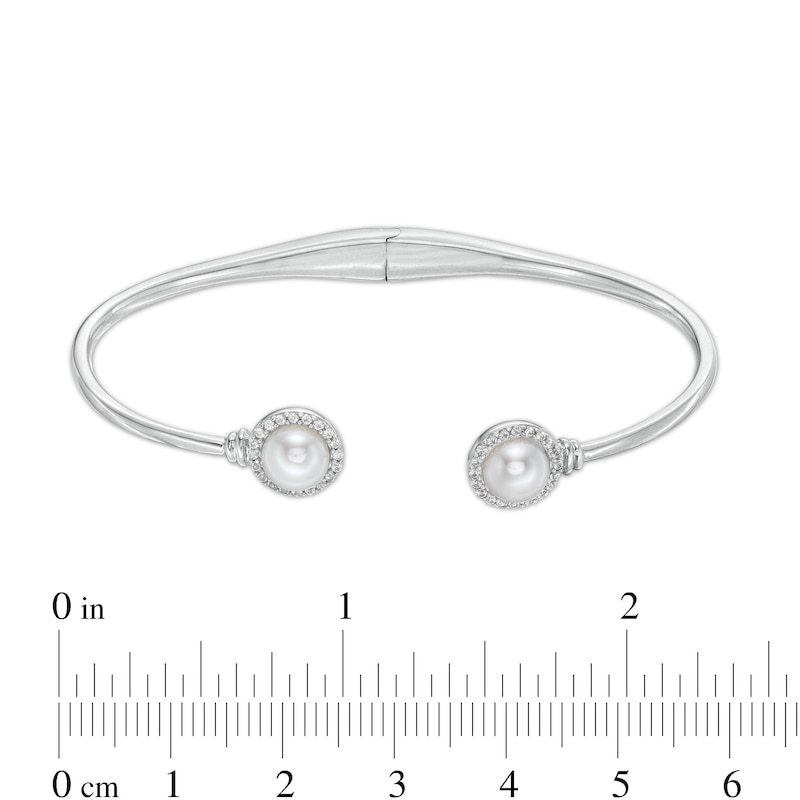 Main Image 2 of 6.0mm Button Freshwater Cultured Pearl and White Lab-Created Sapphire Frame Cuff in Sterling Silver