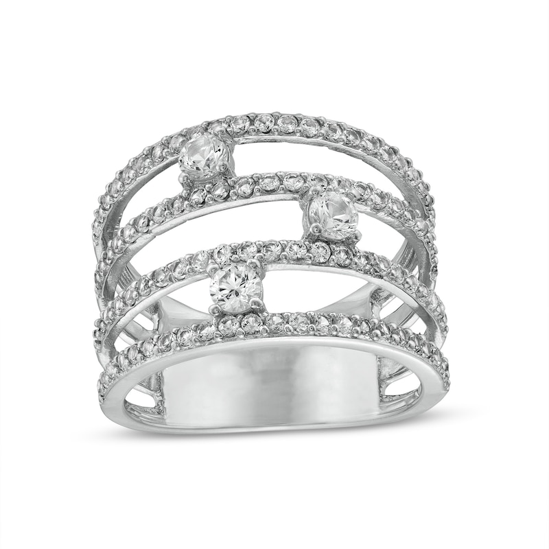 Main Image 1 of 3.0mm White Lab-Created Sapphire Three Stone Orbit Multi-Row Open Shank Ring in Sterling Silver