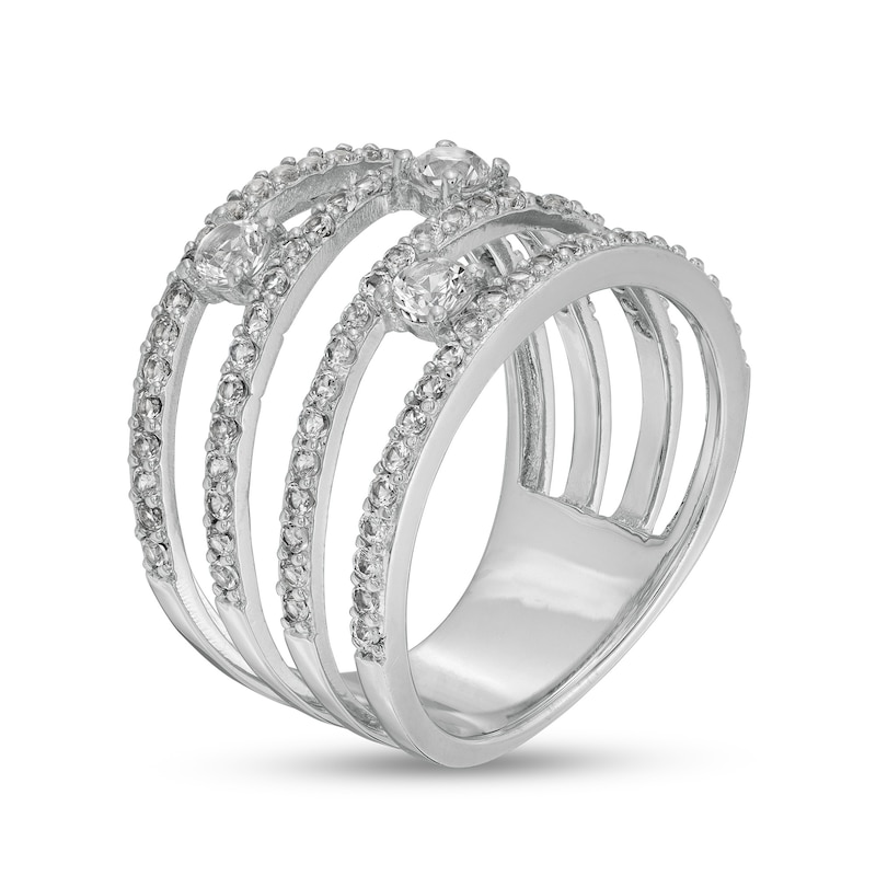 Main Image 2 of 3.0mm White Lab-Created Sapphire Three Stone Orbit Multi-Row Open Shank Ring in Sterling Silver