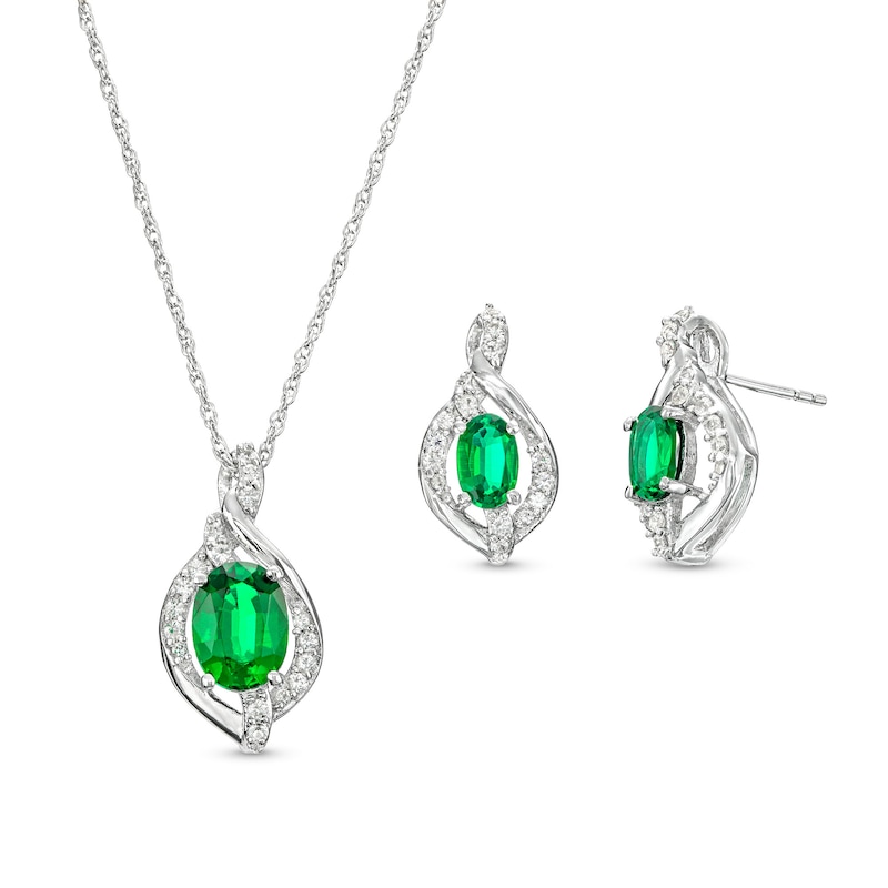 Main Image 1 of Oval Lab-Created Emerald and White Lab-Created Sapphire Cascading Flame Pendant and Drop Earrings Set in Sterling Silver