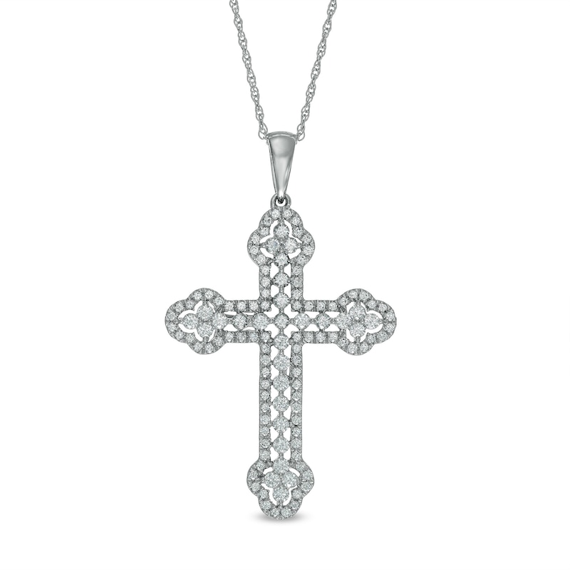 Main Image 1 of 1-1/2 CT. T.W. Diamond Scallop Edge Cross Pendant in 10K White Gold