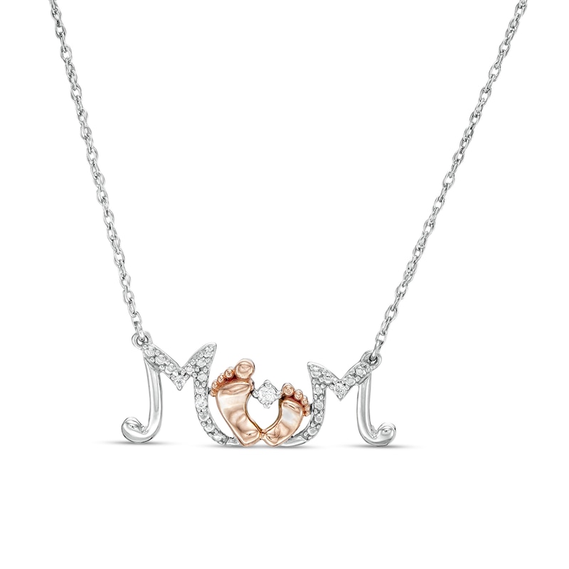 Main Image 1 of Diamond Accent "Mom" with Baby Feet Necklace in Sterling Silver and 10K Rose Gold