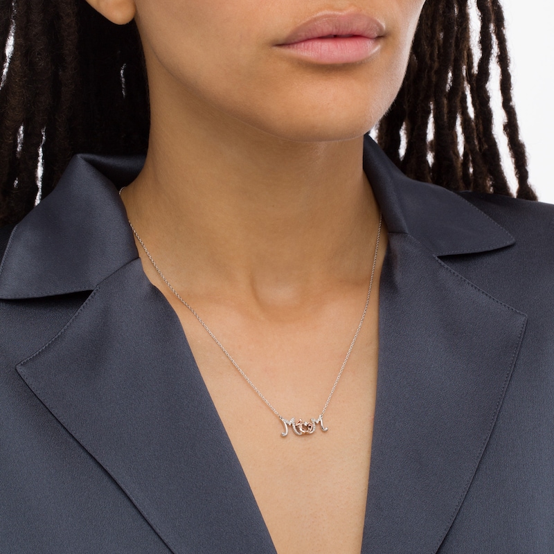 Main Image 2 of Diamond Accent "Mom" with Baby Feet Necklace in Sterling Silver and 10K Rose Gold