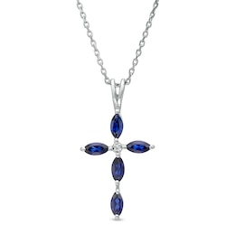 Marquise Blue and White Lab-Created Sapphire Cross Pendant in Sterling Silver