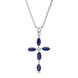 Marquise Blue and White Lab-Created Sapphire Cross Pendant in Sterling Silver