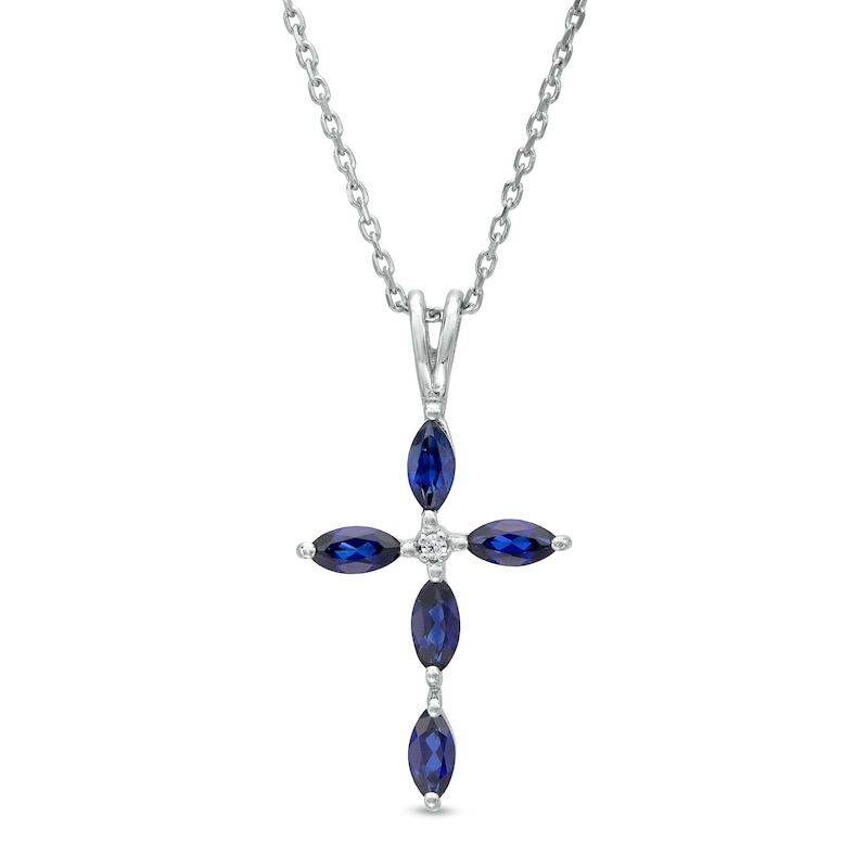 Main Image 1 of Marquise Blue and White Lab-Created Sapphire Cross Pendant in Sterling Silver
