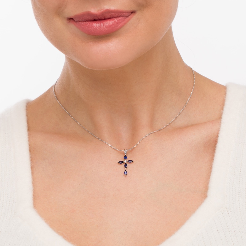 Main Image 2 of Marquise Blue and White Lab-Created Sapphire Cross Pendant in Sterling Silver