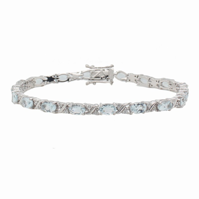 Main Image 1 of Oval Aquamarine and White Zircon "XO" Bracelet in Sterling Silver - 7.5"