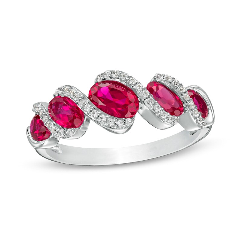 Main Image 1 of Oval Lab-Created Ruby and Lab-Created White Sapphire Graduated Rolling Wave Ring in Sterling Silver