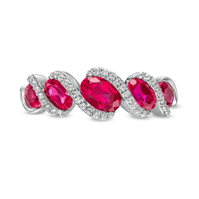 Main Image 4 of Oval Lab-Created Ruby and Lab-Created White Sapphire Graduated Rolling Wave Ring in Sterling Silver