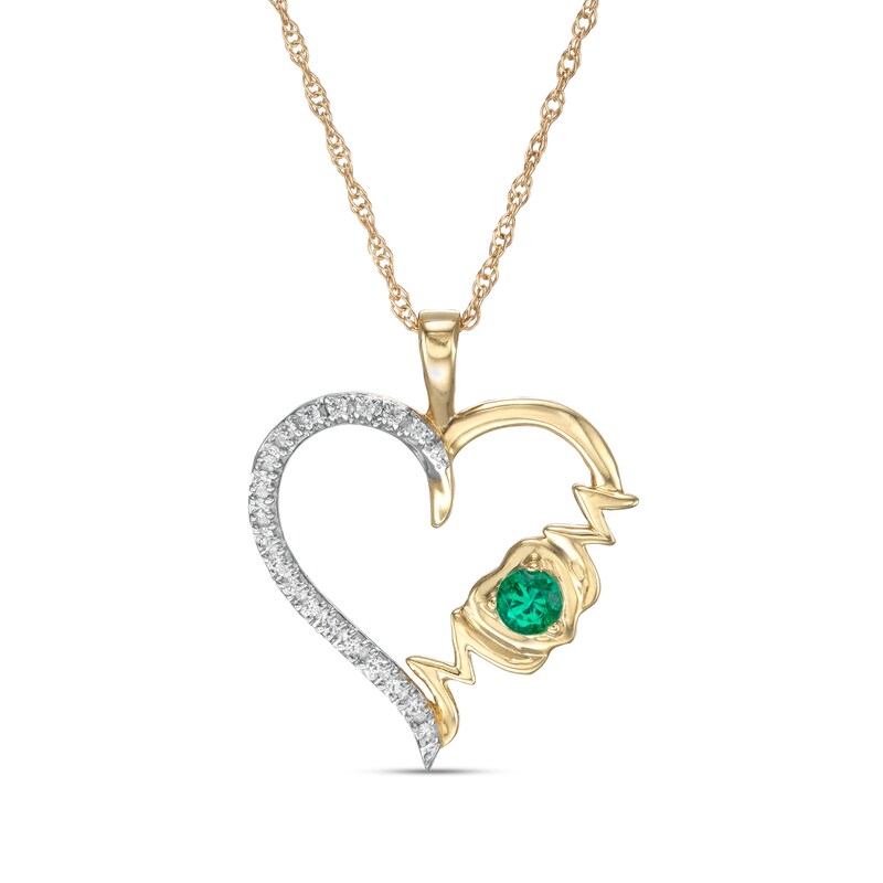 Main Image 1 of 3.0mm Lab-Created Emerald and 1/20 CT. T.W. Diamond "MOM" Loop Heart Pendant in 10K Gold