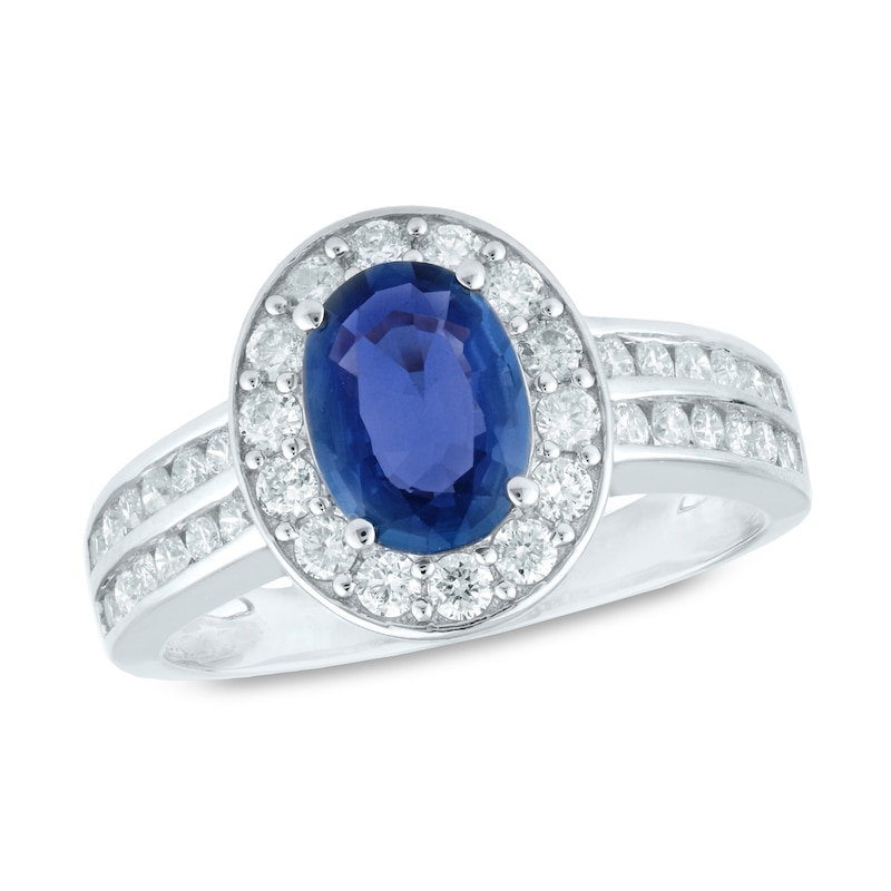 Oval Blue Sapphire and 3/4 CT. T.W. Diamond Frame Double Row Ring in 14K White Gold