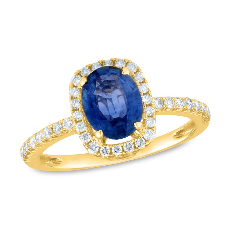 Oval Blue Sapphire and 1/3 CT. T.W. Diamond Cushion Frame Ring in 14K Gold