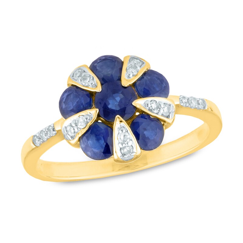 Main Image 1 of 4.0mm Blue Sapphire and 1/8 CT. T.W. Diamond Petal Cluster Flower Ring in 14K Gold