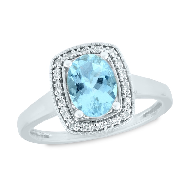 Main Image 1 of Oval Aquamarine and 1/15 CT. T.W. Diamond Cushion Frame Vintage-Style Ring in 14K White Gold