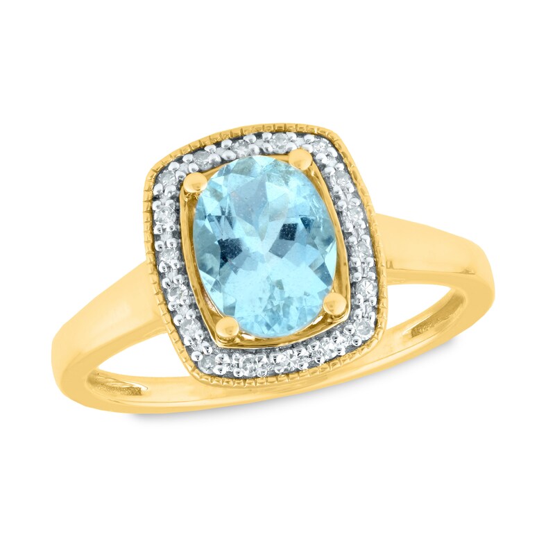 Main Image 1 of Oval Aquamarine and 1/15 CT. T.W. Diamond Cushion Frame Vintage-Style Ring in 14K Gold