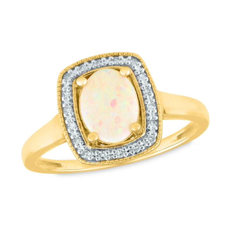 Main Image 1 of Oval Opal and 1/15 CT. T.W. Diamond Cushion Frame Vintage-Style Ring in 14K Gold
