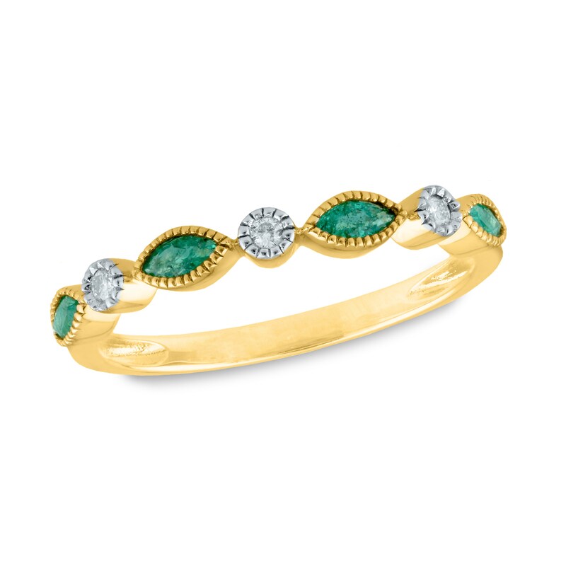 Main Image 1 of Marquise Emerald and 1/20 CT. T.W. Diamond Alternating Art Deco Vintage-Style Band in 14K Gold