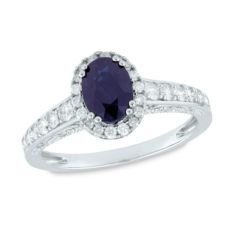 Main Image 1 of Oval Blue Sapphire and 3/8 CT. T.W. Diamond Frame Vintage-Style Ring in 14K White Gold