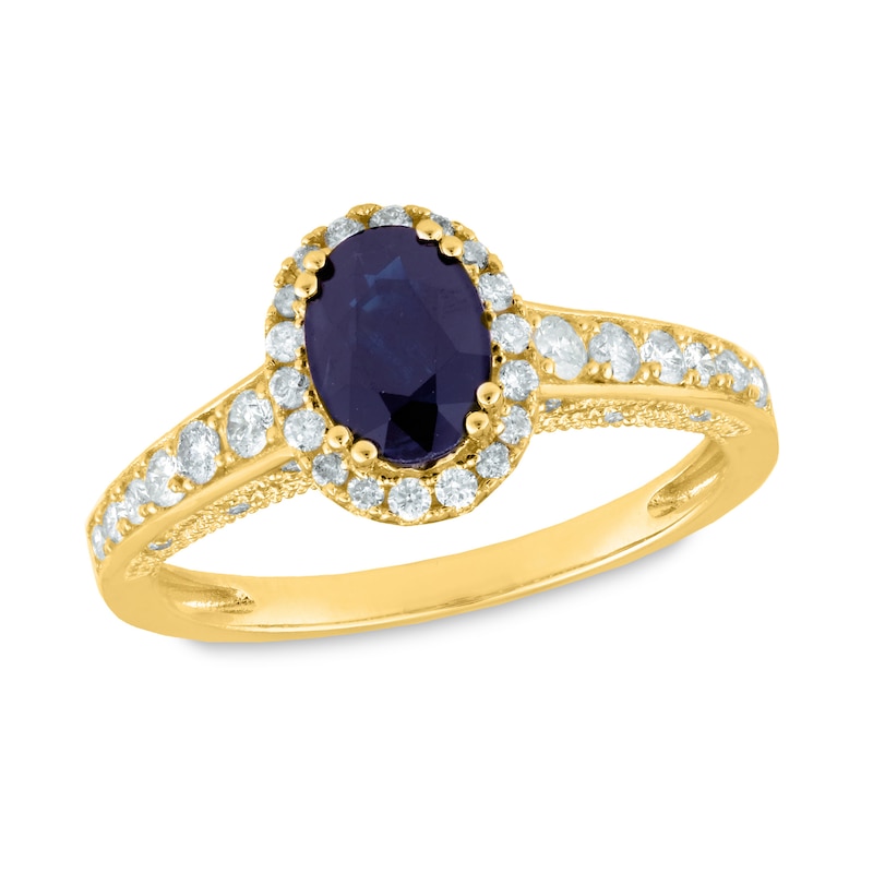 Main Image 1 of Oval Blue Sapphire and 3/8 CT. T.W. Diamond Frame Vintage-Style Ring in 14K Gold
