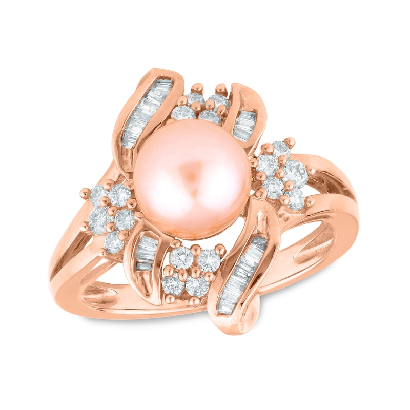 7.5mm Pink Cultured Freshwater Pearl and 3/8 CT. T.W. Diamond Open Flame Split Shank Ring in 14K Rose Gold