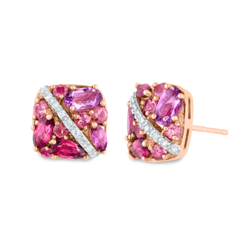 Main Image 1 of Multi-Gemstone Cluster and 1/15 CT. T.W. Diamond Slant Cushion Stud Earrings in 10K Rose Gold