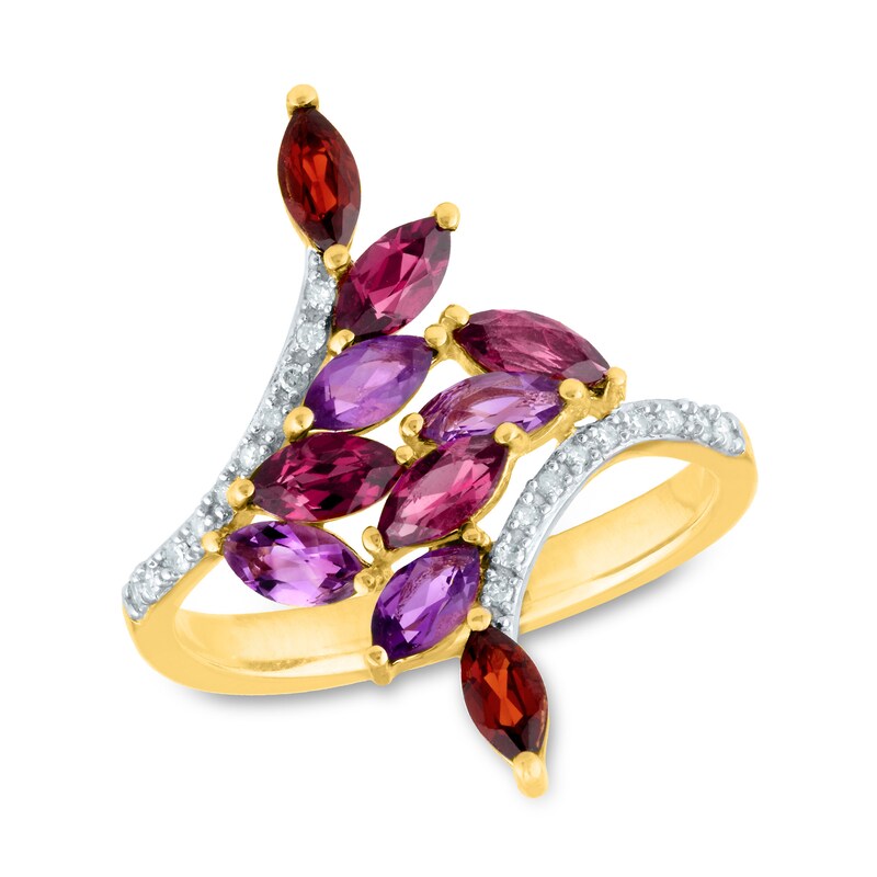 Main Image 1 of Marquise Multi-Gemstone and 1/10 CT. T.W. Diamond Leafy Vine Bypass Ring in 10K gold