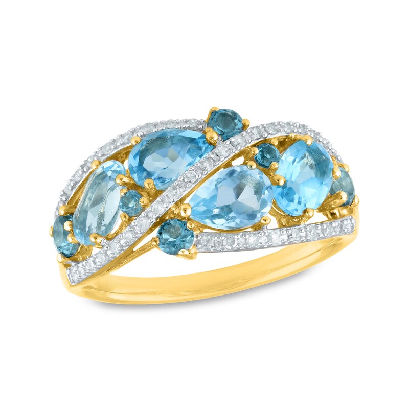 Main Image 1 of Multi-Shape Blue Topaz and 1/6 CT. T.W. Diamond Wave Ring in 10K Gold