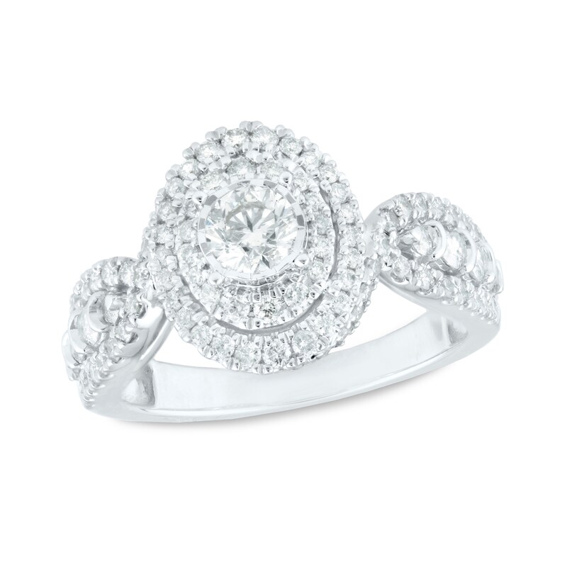 Main Image 1 of 1-1/4 CT. T.W. Diamond Double Oval Frame Triple Row Tapered Shank Engagement Ring in 14K White Gold
