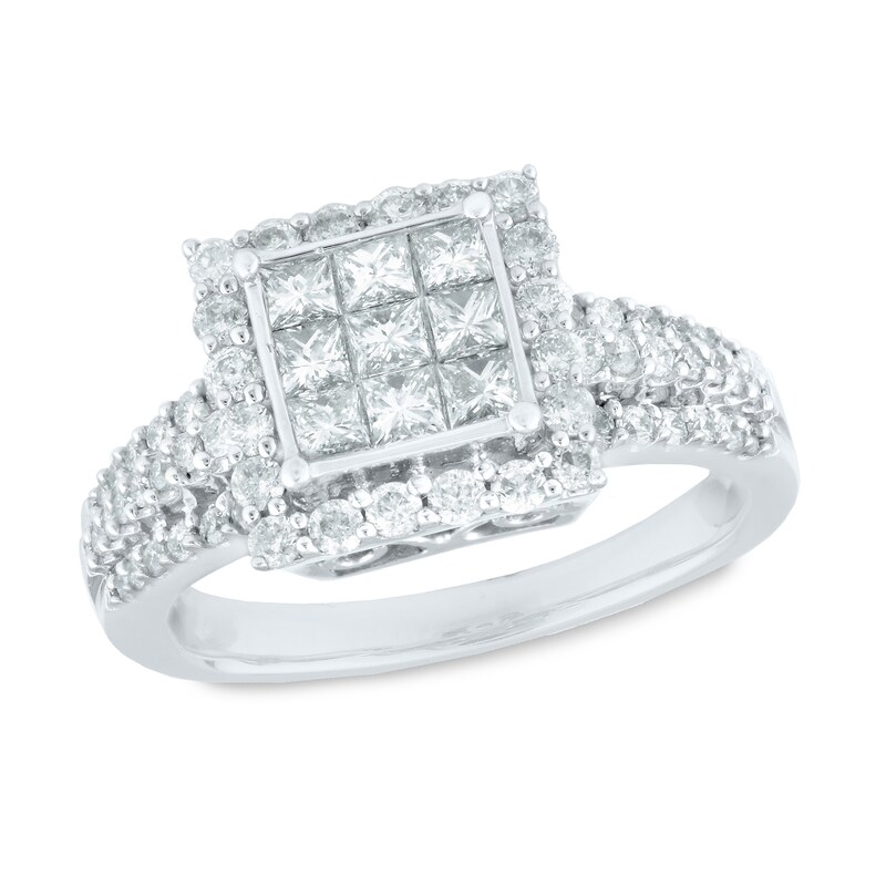 Main Image 1 of 1 CT. T.W. Princess-Cut Composite Diamond Frame Triple Row Engagement Ring in 14K White Gold