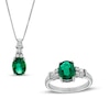 Thumbnail Image 1 of Oval Lab-Created Emerald with Baguette and Round White Lab-Created Sapphire Drop Pendant and Ring Set in Sterling Silver