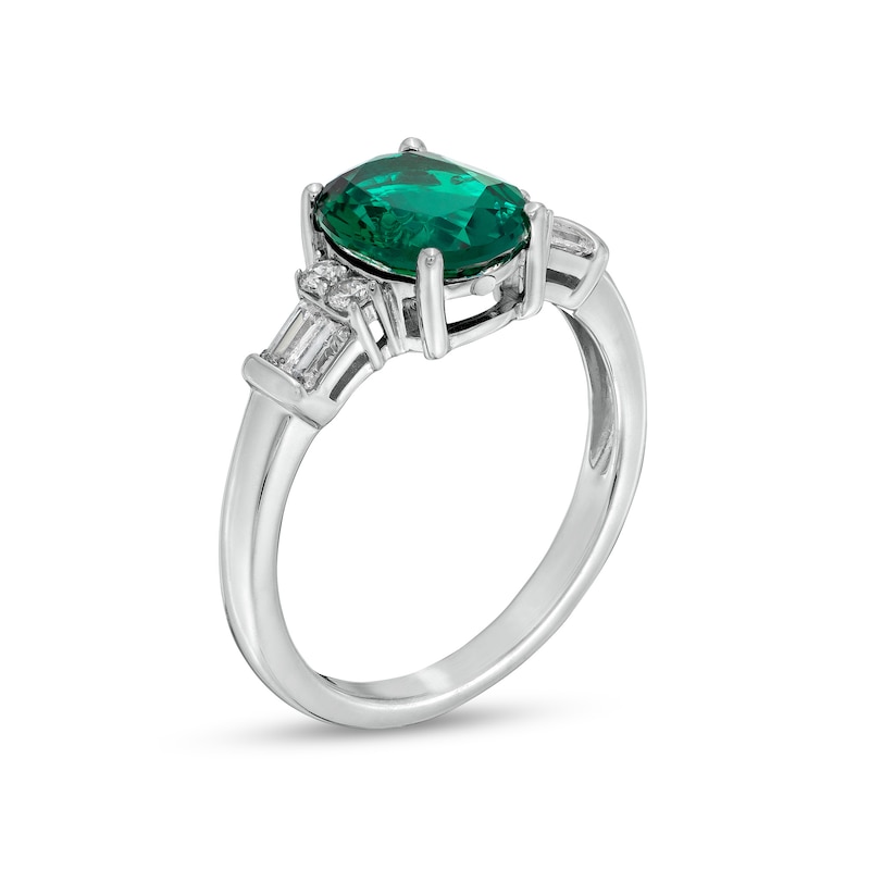 Main Image 2 of Oval Lab-Created Emerald with Baguette and Round White Lab-Created Sapphire Drop Pendant and Ring Set in Sterling Silver
